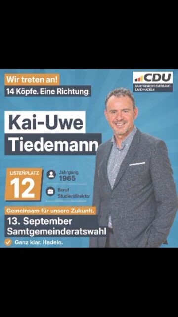 👥 Die richtige Wahl! Unser Team für Wahlbereich 2!

Am 13. September treten wir mit einem starken Team für euch zur Kommunalwahl an: Frauen und Männer, verschiedene Altersgruppen und Berufsgruppen – mit viel Erfahrung und frischer Motivation. 💪

Was uns verbindet: Wir wollen Verantwortung übernehmen und unsere Samtgemeinde Land Hadeln gemeinsam weiter voranbringen.

Unsere Schwerpunkte:
🏡 Lebensqualität erhalten und weiterentwickeln
💼 Wirtschaft stärken und gute Rahmenbedingungen schaffen
🛡️ Sicherheit stärken – auch mit Blick auf Klimafolgenanpassung sowie Zivil- und Katastrophenschutz
🏛️ Moderne Verwaltung, die Dienstleister für Bürgerinnen und Bürger sowie unsere Unternehmen ist
💶 Stabile Finanzen als Grundlage für eine verlässliche Politik

Wir stehen für die Eigenständigkeit unserer Gemeinden und der Stadt Otterndorf und für ein starkes Ehrenamt, das unsere Region zusammenhält. 🤝

Wir setzen auf euer Vertrauen und werben um drei Stimmen für die CDU und unsere Kandidatinnen und Kandidaten! 🗳️

AnpackenFürHadeln!
#CDULandHadeln #Kommunalwahl2026 #BesserFürHadeln