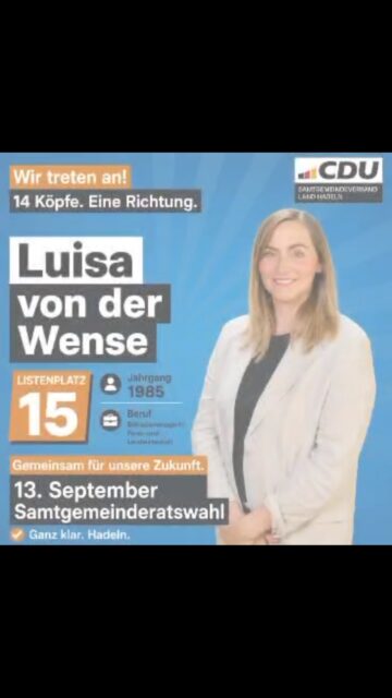 👥 Die richtige Wahl! Unser Team für Wahlbereich 1!

Am 13. September treten wir mit einem starken Team für euch zur Kommunalwahl an: Frauen und Männer, verschiedene Altersgruppen und Berufsgruppen – mit viel Erfahrung und frischer Motivation. 💪

Was uns verbindet: Wir wollen Verantwortung übernehmen und unsere Samtgemeinde Land Hadeln gemeinsam weiter voranbringen.

Unsere Schwerpunkte:
🏡 Lebensqualität erhalten und weiterentwickeln
💼 Wirtschaft stärken und gute Rahmenbedingungen schaffen
🛡️ Sicherheit stärken – auch mit Blick auf Klimafolgenanpassung sowie Zivil- und Katastrophenschutz
🏛️ Moderne Verwaltung, die Dienstleister für Bürgerinnen und Bürger sowie unsere Unternehmen ist
💶 Stabile Finanzen als Grundlage für eine verlässliche Politik

Wir stehen für die Eigenständigkeit unserer Gemeinden und der Stadt Otterndorf und für ein starkes Ehrenamt, das unsere Region zusammenhält. 🤝

Wir setzen auf euer Vertrauen und werben um drei Stimmen für die CDU und unsere Kandidatinnen und Kandidaten! 🗳️

AnpackenFürHadeln!
#CDULandHadeln #Kommunalwahl2026 #BesserFürHadeln