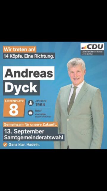 👥 Die richtige Wahl! Unser Team für Wahlbereich 1!

Am 13. September treten wir mit einem starken Team für euch zur Kommunalwahl an: Frauen und Männer, verschiedene Altersgruppen und Berufsgruppen – mit viel Erfahrung und frischer Motivation. 💪

Was uns verbindet: Wir wollen Verantwortung übernehmen und unsere Samtgemeinde Land Hadeln gemeinsam weiter voranbringen.

Unsere Schwerpunkte:
🏡 Lebensqualität erhalten und weiterentwickeln
💼 Wirtschaft stärken und gute Rahmenbedingungen schaffen
🛡️ Sicherheit stärken – auch mit Blick auf Klimafolgenanpassung sowie Zivil- und Katastrophenschutz
🏛️ Moderne Verwaltung, die Dienstleister für Bürgerinnen und Bürger sowie unsere Unternehmen ist
💶 Stabile Finanzen als Grundlage für eine verlässliche Politik

Wir stehen für die Eigenständigkeit unserer Gemeinden und der Stadt Otterndorf und für ein starkes Ehrenamt, das unsere Region zusammenhält. 🤝

Wir setzen auf euer Vertrauen und werben um drei Stimmen für die CDU und unsere Kandidatinnen und Kandidaten! 🗳️

AnpackenFürHadeln!
#CDULandHadeln #Kommunalwahl2026 #BesserFürHadeln